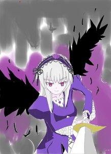 Rating: Safe Score: 0 Tags: 1girl black_wings dress feathers flower frills hairband image long_hair long_sleeves looking_at_viewer pink_eyes rose silver_hair smile solo suigintou wings User: admin