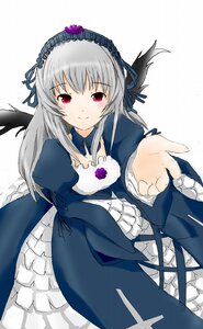 Rating: Safe Score: 0 Tags: 1girl black_wings blush detached_collar dress flower frills hairband image juliet_sleeves long_hair long_sleeves looking_at_viewer red_eyes ribbon rose silver_hair simple_background smile solo suigintou white_background wings User: admin