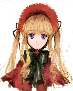 Rating: Safe Score: 0 Tags: 1girl bangs blonde_hair blue_eyes bonnet bow bowtie capelet dress image long_hair looking_at_viewer red_capelet shinku simple_background solo striped twintails upper_body white_background User: admin