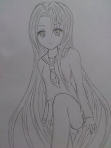 Rating: Safe Score: 0 Tags: 1girl bangs eyebrows_visible_through_hair greyscale human image kakizaki_megu long_hair looking_at_viewer monochrome pleated_skirt sitting skirt sleeveless solo traditional_media very_long_hair User: admin