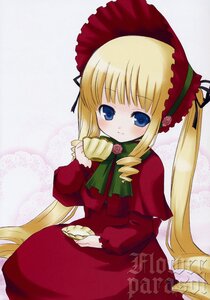 Rating: Safe Score: 0 Tags: 1girl blonde_hair blue_eyes blush bonnet bow bowtie cup dress flower green_bow holding image long_hair long_sleeves looking_at_viewer red_dress rose shinku sidelocks sitting solo teacup twintails very_long_hair User: admin