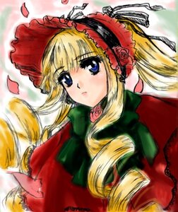 Rating: Safe Score: 0 Tags: 1girl blonde_hair blue_eyes blush bonnet bow bowtie dress flower green_bow green_neckwear image long_hair long_sleeves looking_at_viewer marker_(medium) petals rose shinku sidelocks solo traditional_media twintails upper_body User: admin