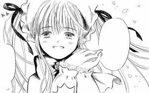 Rating: Safe Score: 0 Tags: 1girl blush dress floating_hair greyscale hair_ribbon image long_hair long_sleeves looking_at_viewer monochrome ribbon shinku simple_background smile solo twintails upper_body white_background User: admin