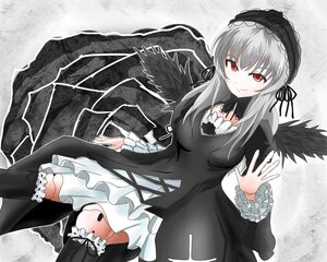 Rating: Safe Score: 3 Tags: 1girl black_dress black_legwear black_wings doll_joints dress flower frills gothic_lolita hairband image joints knee_boots kneehighs lolita_fashion lolita_hairband long_hair long_sleeves looking_at_viewer red_eyes rose silver_hair smile solo suigintou wings User: admin