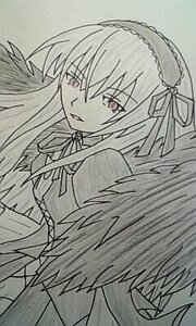 Rating: Safe Score: 0 Tags: 1girl choker dress feathered_wings feathers frills hairband image long_hair long_sleeves looking_at_viewer monochrome ribbon simple_background solo suigintou traditional_media white_background wings User: admin