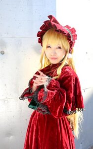 Rating: Safe Score: 0 Tags: 1girl bangs blonde_hair blue_eyes bonnet closed_mouth dress hands_together long_hair long_sleeves looking_at_viewer own_hands_together red_dress shinku solo standing User: admin