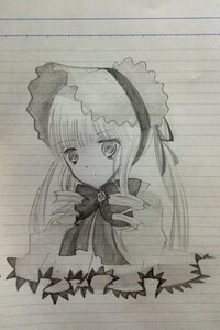 Rating: Safe Score: 0 Tags: 1girl bonnet bow bowtie dress greyscale image long_hair looking_at_viewer monochrome photo shinku simple_background solo traditional_media upper_body User: admin