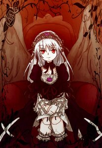 Rating: Safe Score: 0 Tags: 1girl chair dress flower frills hairband image long_hair long_sleeves looking_at_viewer red_eyes rose silver_hair sitting smile solo suigintou wings User: admin