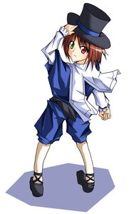 Rating: Safe Score: 0 Tags: 1boy blush brown_hair full_body green_eyes hat heterochromia image long_sleeves looking_at_viewer pants red_eyes shirt shoes shorts simple_background smile solo souseiseki standing top_hat white_background User: admin