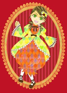 Rating: Safe Score: 0 Tags: 1girl brown_hair dress flower frills green_eyes hair_flower hair_ornament image kanaria open_mouth pantyhose red_background ribbon shoes smile solo striped User: admin