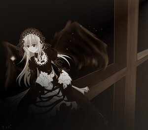 Rating: Safe Score: 0 Tags: 1girl chair closed_mouth dress eyebrows_visible_through_hair frills gothic_lolita hairband image lolita_hairband long_hair long_sleeves looking_at_viewer monochrome ribbon sitting solo suigintou very_long_hair wings User: admin