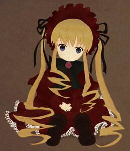 Rating: Safe Score: 0 Tags: 1girl blonde_hair blue_eyes bonnet bow bowtie dress full_body image long_hair long_sleeves looking_at_viewer red_dress rose shinku simple_background sitting solo twintails User: admin