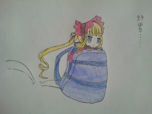 Rating: Safe Score: 0 Tags: 1girl blonde_hair blue_eyes bonnet image long_hair photo shinku simple_background solo traditional_media twintails very_long_hair User: admin