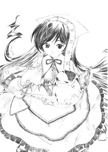 Rating: Safe Score: 0 Tags: 1girl bangs capelet dress frills greyscale image long_hair long_sleeves looking_at_viewer monochrome ribbon solo suiseiseki white_background User: admin