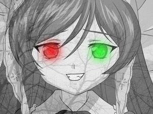 Rating: Safe Score: 0 Tags: 1girl bow eyebrows_visible_through_hair green_eyes greyscale image looking_at_viewer monochrome red_eyes solo spot_color suiseiseki User: admin