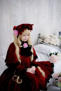 Rating: Safe Score: 0 Tags: 1girl blonde_hair bonnet capelet closed_eyes doll_joints dress flower lips long_hair long_sleeves red_dress shinku sitting solo v_arms User: admin