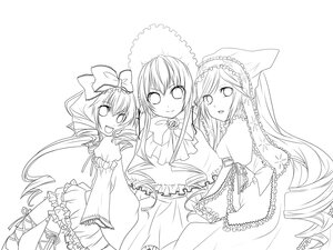 Rating: Safe Score: 0 Tags: 3girls :d bow dress drill_hair frills greyscale image long_hair long_sleeves looking_at_viewer monochrome multiple multiple_girls open_mouth ribbon smile tagme twin_drills very_long_hair User: admin