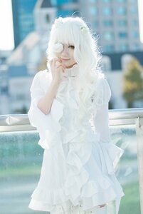 Rating: Safe Score: 0 Tags: 1girl blurry blurry_background blurry_foreground building depth_of_field dress kirakishou lips long_sleeves looking_at_viewer one_eye_covered outdoors photo solo standing white_dress white_hair User: admin