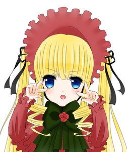 Rating: Safe Score: 0 Tags: 1girl blonde_hair blue_eyes blush bonnet bow double_v dress drill_hair flower image long_hair long_sleeves looking_at_viewer open_mouth pink_rose rose shinku simple_background solo v v_over_eye white_background User: admin