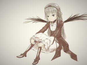 Rating: Safe Score: 0 Tags: 1girl boots closed_mouth cross-laced_footwear dress frills full_body hairband image knee_boots long_hair long_sleeves looking_at_viewer monochrome simple_background sitting solo suigintou wings User: admin