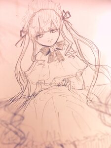 Rating: Safe Score: 0 Tags: 1girl bangs blush closed_mouth dress eyebrows_visible_through_hair frills hair_ribbon image long_hair long_sleeves looking_at_viewer maid_headdress monochrome ribbon shinku sketch solo User: admin