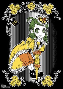 Rating: Safe Score: 0 Tags: 1girl bloomers dress flower frills full_body green_eyes green_hair hair_ornament image kanaria looking_at_viewer smile solo vines yellow_flower yellow_rose User: admin
