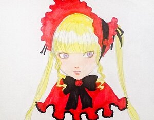 Rating: Safe Score: 0 Tags: 1girl bangs blonde_hair bonnet bow image long_hair looking_at_viewer portrait shinku simple_background solo traditional_media User: admin