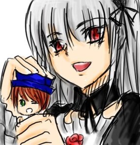 Rating: Safe Score: 0 Tags: 2girls dress green_eyes hat image long_sleeves looking_at_viewer multiple_girls one_eye_closed open_mouth pair red_eyes simple_background smile souseiseki suigintou white_background User: admin