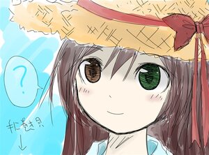 Rating: Safe Score: 0 Tags: 1girl ? auto_tagged blush bow brown_hair close-up face green_eyes hat image long_hair looking_at_viewer smile solo spoken_question_mark suiseiseki User: admin