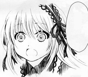 Rating: Safe Score: 0 Tags: 1girl bangs blush eyebrows_visible_through_hair greyscale image looking_at_viewer monochrome open_mouth simple_background solo suigintou white_background User: admin