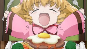 Rating: Safe Score: 0 Tags: 1girl blonde_hair closed_eyes drill_hair food fork hina_ichigo hinaichigo image luna_child open_mouth plate solo table twin_drills User: admin