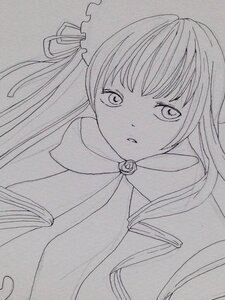 Rating: Safe Score: 0 Tags: 1girl greyscale image lineart long_hair looking_at_viewer monochrome ribbon shinku solo traditional_media upper_body User: admin