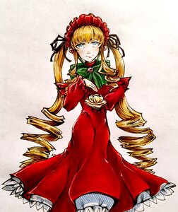 Rating: Safe Score: 0 Tags: 1girl blonde_hair blue_eyes blush bonnet bow dress drill_hair frills image long_hair long_sleeves looking_at_viewer marker_(medium) red_dress shinku solo traditional_media twin_drills twintails User: admin