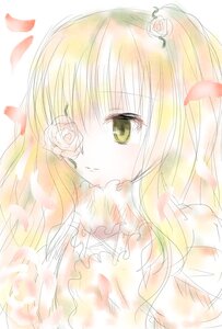 Rating: Safe Score: 0 Tags: 1girl bangs blonde_hair blush closed_mouth eyebrows_visible_through_hair flower hair_between_eyes image kirakishou long_hair looking_at_viewer petals rose smile solo upper_body white_flower white_rose User: admin