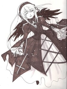 Rating: Safe Score: 0 Tags: 1girl black_wings dress frills hairband image juliet_sleeves long_hair long_sleeves looking_at_viewer monochrome ribbon solo suigintou very_long_hair white_background wings User: admin