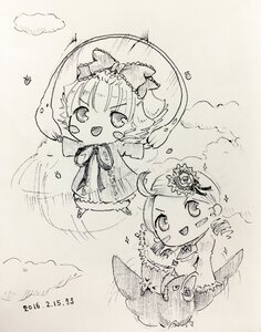 Rating: Safe Score: 0 Tags: 2girls :d blush bow cloud dress drill_hair flower hair_flower hinaichigo image kanaria monochrome open_mouth pair sisters smile traditional_media User: admin