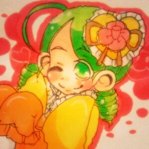 Rating: Safe Score: 0 Tags: 1girl bow drill_hair frills green_eyes green_hair hat image kanaria one_eye_closed smile solo User: admin