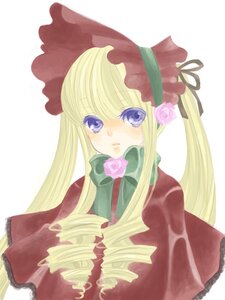 Rating: Safe Score: 0 Tags: 1girl blonde_hair blue_eyes blush bonnet bow bowtie flower image long_hair long_sleeves looking_at_viewer pink_flower pink_rose red_dress rose shinku simple_background solo upper_body white_background User: admin