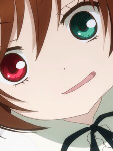 Rating: Safe Score: 0 Tags: 1 1girl blush brown_hair close-up face green_eyes image looking_at_viewer red_eyes ribbon simple_background solo suiseiseki User: admin