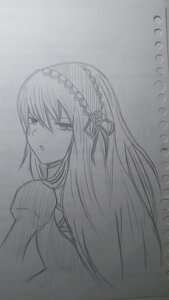 Rating: Safe Score: 0 Tags: 1girl dress flower greyscale hairband image long_hair looking_at_viewer monochrome parted_lips ribbon simple_background solo suigintou traditional_media User: admin