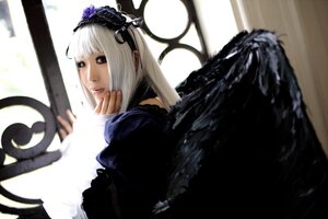 Rating: Safe Score: 0 Tags: 1girl black_wings blurry blurry_background depth_of_field dress flower frills hairband lips long_hair long_sleeves looking_at_viewer rose silver_hair solo suigintou wings User: admin