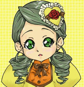 Rating: Safe Score: 0 Tags: 1girl blush bow dress drill_hair flower green_eyes green_hair hat image kanaria long_sleeves looking_at_viewer orange_shirt plaid plaid_background ringlets rose solo twin_drills upper_body yellow_background User: admin