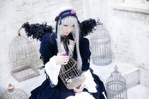 Rating: Safe Score: 0 Tags: 1girl bird birdcage cage dress feathers fence flower frills hairband long_hair long_sleeves ribbon silver_hair sitting solo suigintou wings User: admin