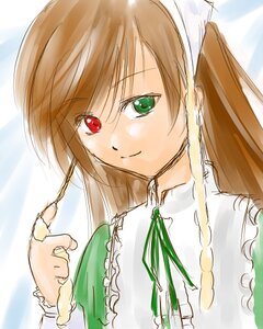 Rating: Safe Score: 0 Tags: 1girl brown_hair closed_mouth dress frills green_eyes green_ribbon head_scarf heterochromia image long_hair long_sleeves looking_at_viewer red_eyes ribbon smile solo suiseiseki upper_body User: admin