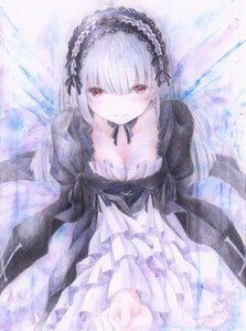 Rating: Safe Score: 0 Tags: 1girl bangs black_dress blush breasts cleavage closed_mouth colored_pencil_(medium) commentary_request darkkanan detached_collar dress eyebrows_visible_through_hair eyes_visible_through_hair frills gothic_lolita hair_between_eyes hairband highres image juliet_sleeves lolita_fashion lolita_hairband long_hair long_sleeves looking_at_viewer medium_breasts painting_(medium) puffy_sleeves red_eyes rozen_maiden solo suigintou traditional_media watercolor_(medium) white_hair wings User: admin
