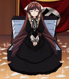 Rating: Safe Score: 0 Tags: 1girl blush brown_hair closed_eyes closed_mouth dress facing_viewer frills full_body image long_hair long_sleeves ribbon solo sparkle sparkle_background suiseiseki very_long_hair User: admin