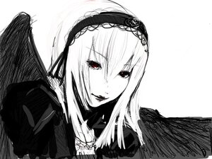 Rating: Safe Score: 0 Tags: 1girl bangs black_wings eyebrows_visible_through_hair feathered_wings feathers greyscale hair_between_eyes hairband image long_hair long_sleeves looking_at_viewer monochrome red_eyes simple_background solo suigintou white_background wings User: admin