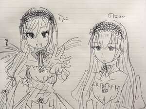 Rating: Safe Score: 0 Tags: 1girl :d bangs blush closed_mouth dress eyebrows_visible_through_hair frills hairband image juliet_sleeves lolita_hairband long_hair long_sleeves looking_at_viewer monochrome open_mouth ribbon sketch smile solo suigintou traditional_media wide_sleeves User: admin
