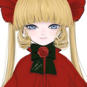 Rating: Safe Score: 0 Tags: 1girl bangs blonde_hair blue_eyes blunt_bangs blush bow drill_hair flower image long_hair looking_at_viewer red_flower red_rose rose shinku simple_background smile solo white_background User: admin