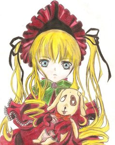 Rating: Safe Score: 0 Tags: 1girl blonde_hair blue_eyes bonnet bow dress frills green_bow image long_hair long_sleeves looking_at_viewer marker_(medium) red_dress rose shinku simple_background solo traditional_media twintails white_background User: admin